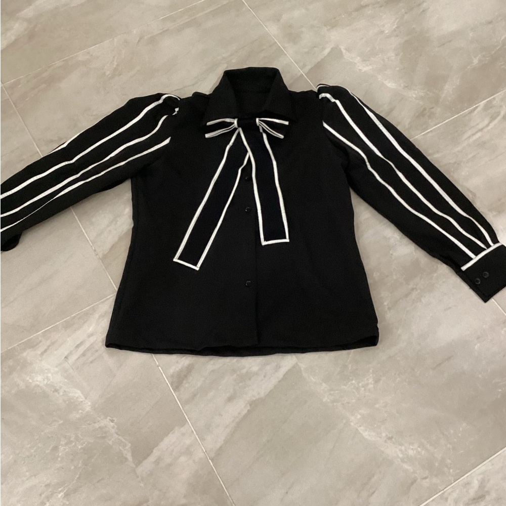 Women's Black Button Down Shirt with White Accents